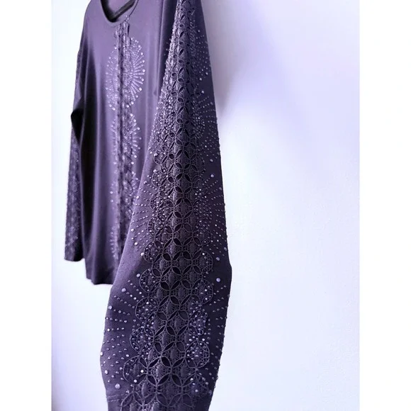 Women's Navy‎ Blue Embellished Long Sleeve Top Size Medium Rhinestones Lace - Picture 7 of 8
